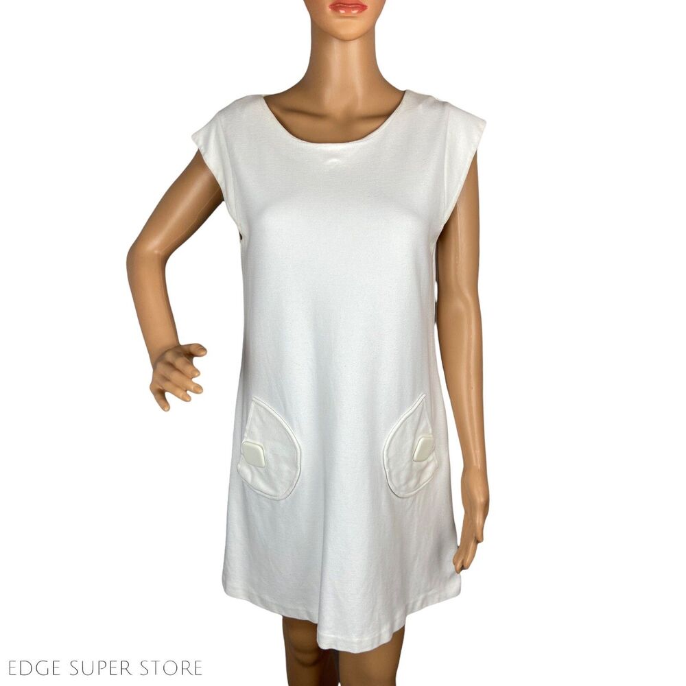 Tibi White Button Retro Sleeveless Short Scoop Neck Sheath Mini Dress Sz Medium